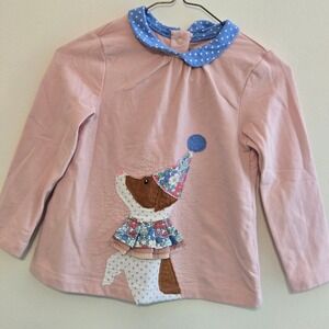 Baby Boden Pink Dog Applique Birthday Ruffles Long Sleeve Shirt 2-3yrs